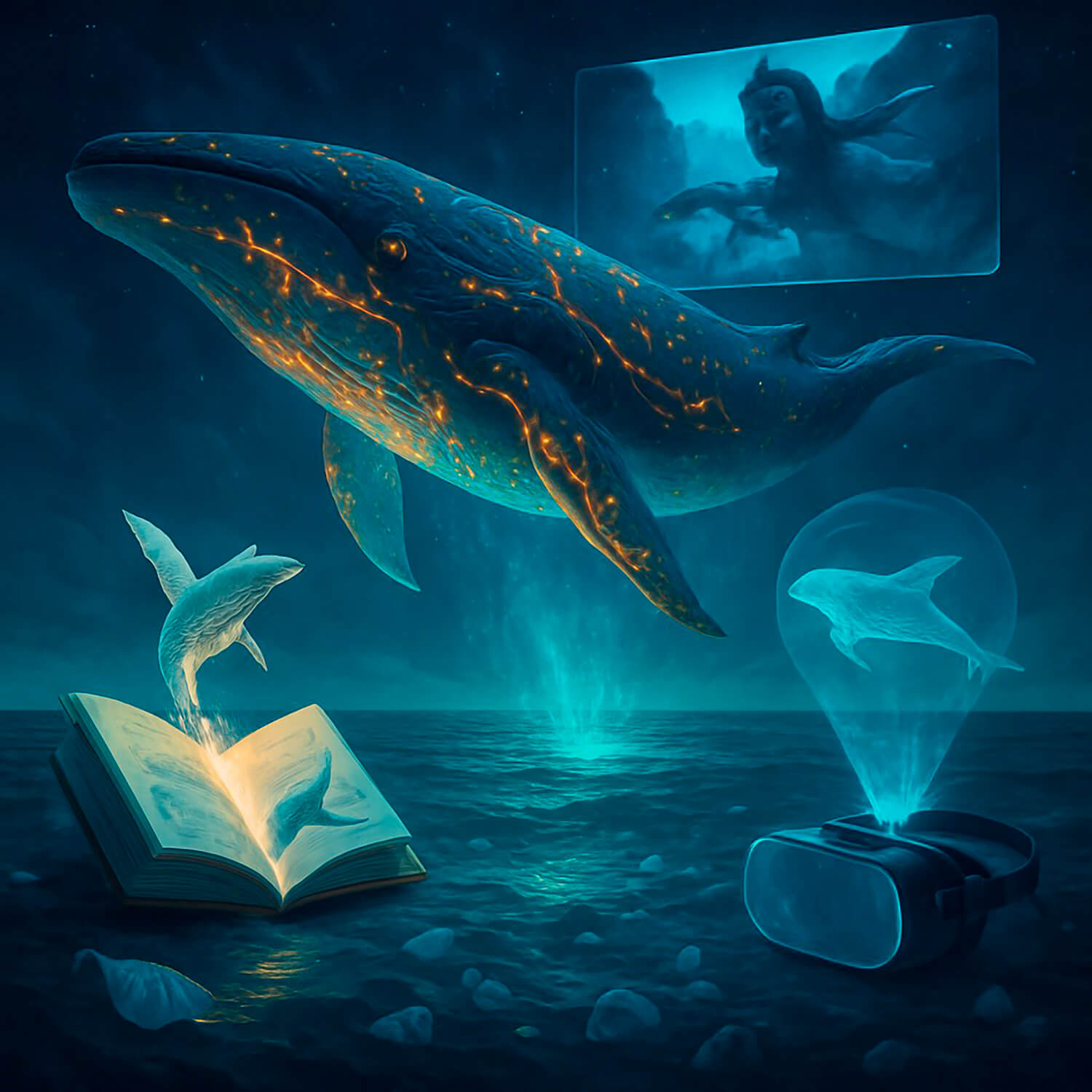 От «Моби Дика» до VR: как образы китов связывают культуру прошлого и технологии будущего Фантастический кит взаимодействует с книгой и виртуальной реальностью на дне океана, отсылая к «Моби Дику» и «Аватару 3»